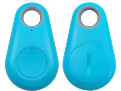 Two blue key finders with circular keyring holes and buttons.