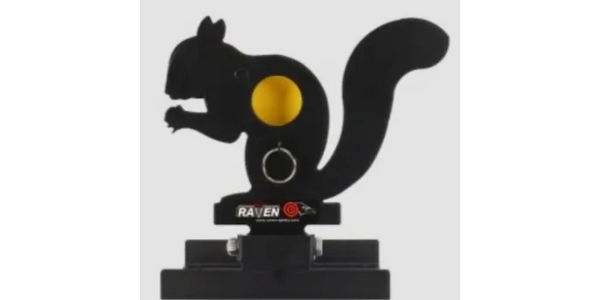Black squirrel-shaped metal target with a yellow bullseye for shooting practice.