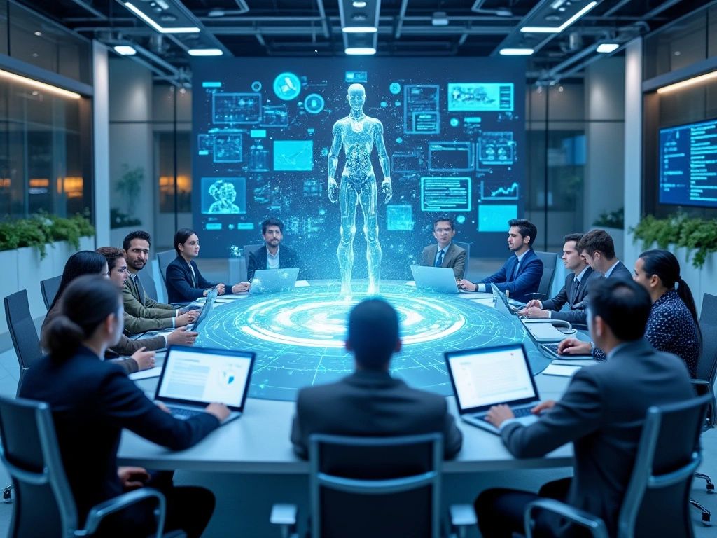 crew of AI avatars in a virtual meeting room, each contributing to a holographic project in the center crew of AI avatars in a virtual meeting room, each contributing to a holographic project in the center