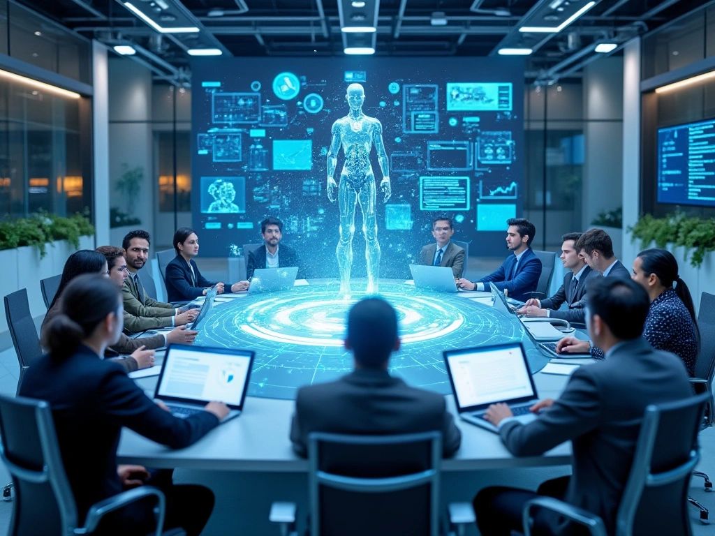 crew of AI avatars in a virtual meeting room, each contributing to a holographic project in the center