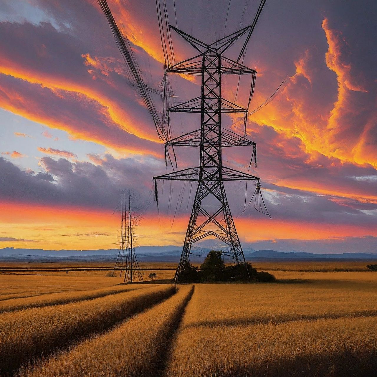 power line against a vibrant sunset