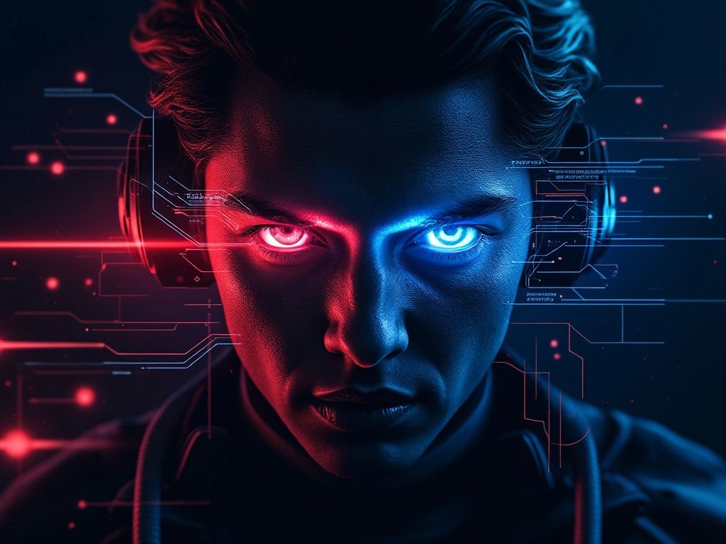 prompt: Dark, tense atmosphere with contrasting red and blue hues, conveying a sense of high-stakes competition in advanced technologies. competition in the emerging technological cold war.