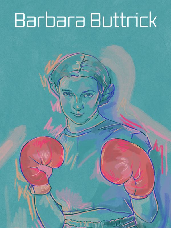 Image of famous woman boxer Barbara Buttrick with her gloves raised.