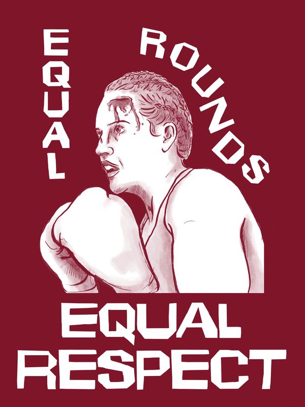 A woman boxer stands side on against a dark red background, her gloves raised. The slogan reads Equa