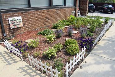 Small garden outside Merrimac High School with white fence.