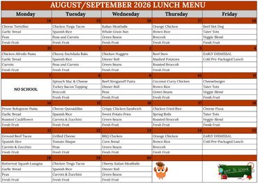 Lunch menu for August and September 2026, Monday to Friday.