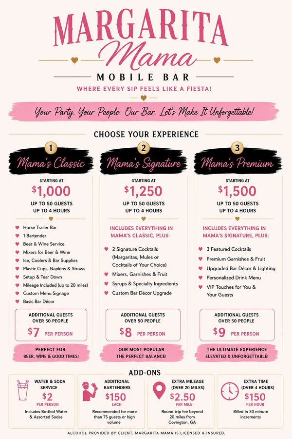 Margarita Mama mobile bar pricing and packages for parties up to 50 guests.