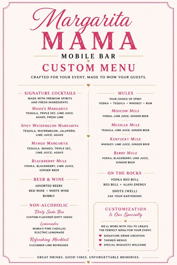 Margarita Mama mobile bar custom menu with cocktails, mules, beer, wine, and non-alcoholic options.