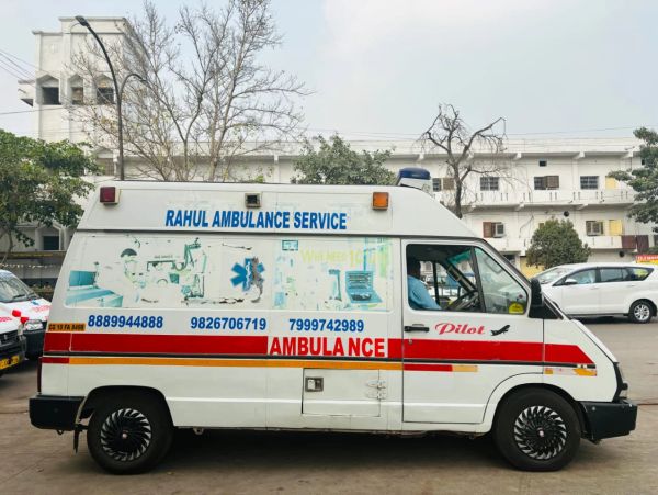 White ambulance with Rahul Ambulance Service branding.