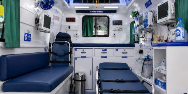 Interior of a modern ambulance with medical equipment.