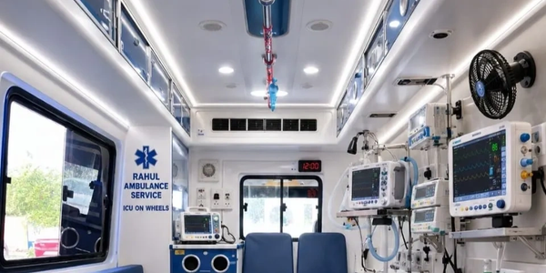 Inside view of a modern ambulance equipped with medical monitors.