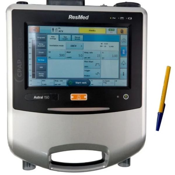 ResMed Astral 150 ventilator with touchscreen and pen.