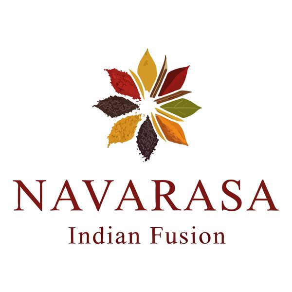 Colorful spice leaves forming a circle above 'NAVARASA Indian Fusion' text.