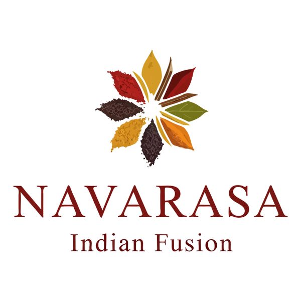 Colorful spice leaves forming a circle above 'NAVARASA Indian Fusion' text.