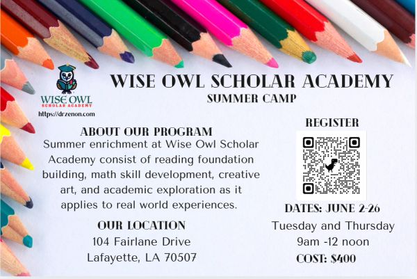 Flyer for Wise Owl Scholar Academy summer camp with colorful pencils.