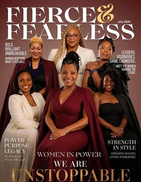 Six confident women on the cover of Fierce &amp; Fearless magazine July 2026.
