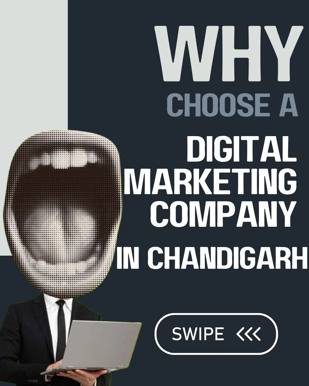 Surreal graphic showing a man in a suit with a large shouting mouth and text saying “Why Choose a Digital Marketing Company in Chandigarh