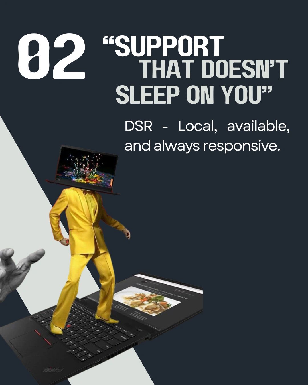 Surreal artwork of a person in a yellow suit with a screen for a head standing on a laptop keyboard, symbolizing real-time digital support and accountability