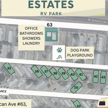 Map of Oracle Valley Estates RV Park with labeled amenities and site numbers.