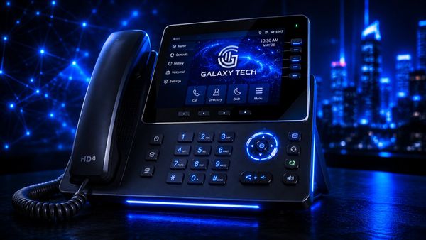 A modern Galaxy Tech desk phone with blue LED lighting in a dark room.