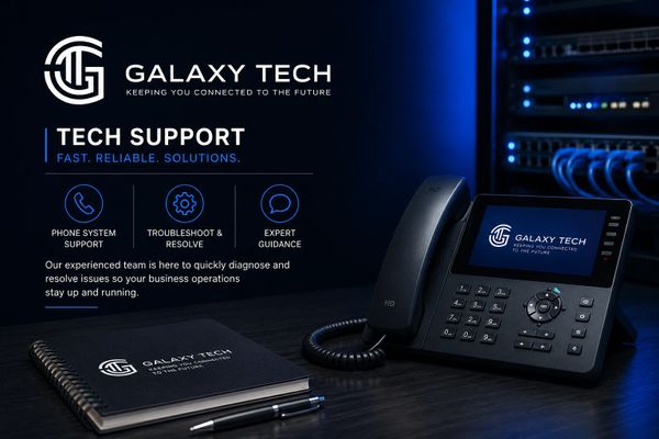 Galaxy Tech tech support setup with phone, notebook, and pen on a dark desk.