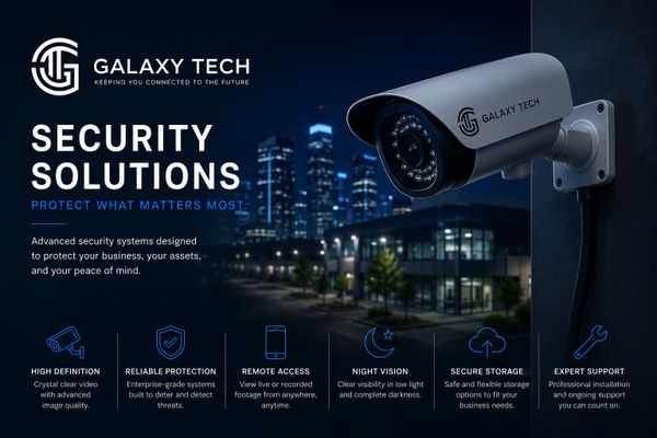 Security camera advertisement by Galaxy Tech promoting advanced security solutions.