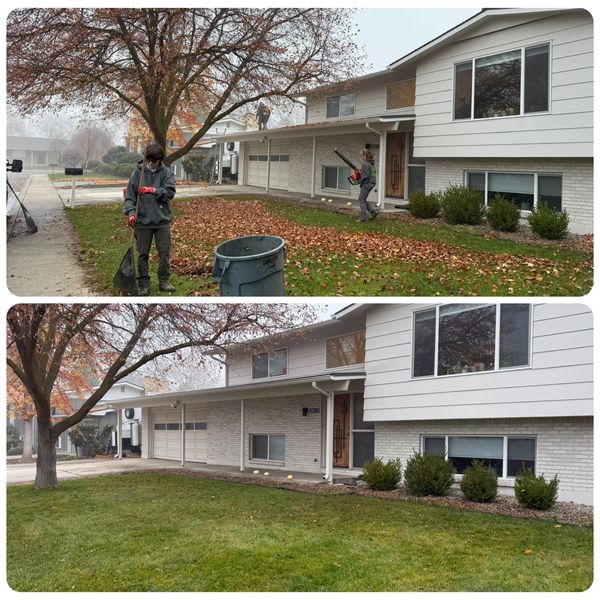 Before and after yard cleanup with workers raking and blowing leaves.