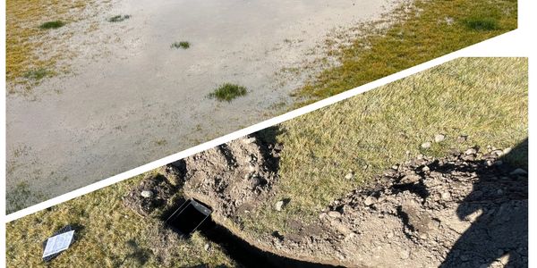 Before and after images of a flooded grassy area being drained.