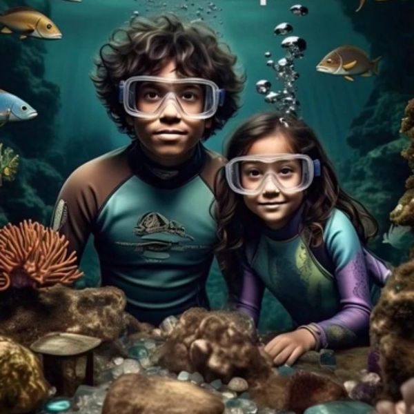 Two children underwater with snorkeling gear.