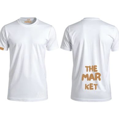 White T-shirt with "THE MARKET" text on the back.