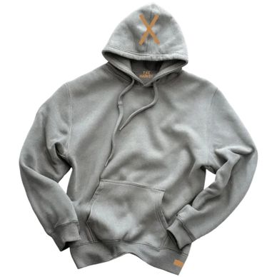 Grey hoodie with a kangaroo pocket and a small design on the hood.