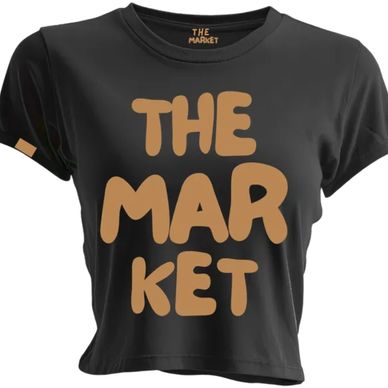 Black crop top with brown text 'THE MARKET'.