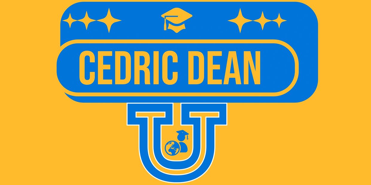 Blue and yellow university logo with the name Cedric Dean.