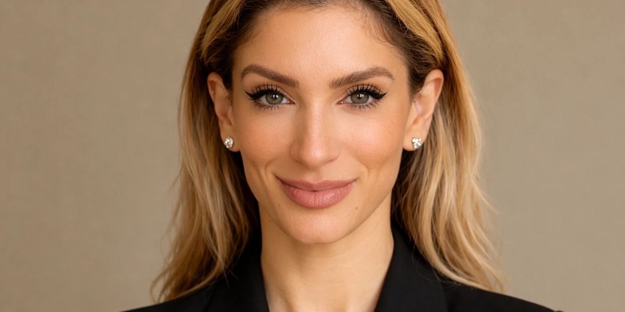 Close-up portrait of a confident woman with blonde hair and earrings.