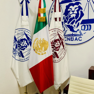 Banderas de oficina colocadas en un asta de latón, base de latón acompañadas de un moño tricolor 