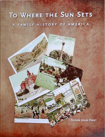 Book cover titled 'To Where the Sun Sets' with vintage postcards collage.