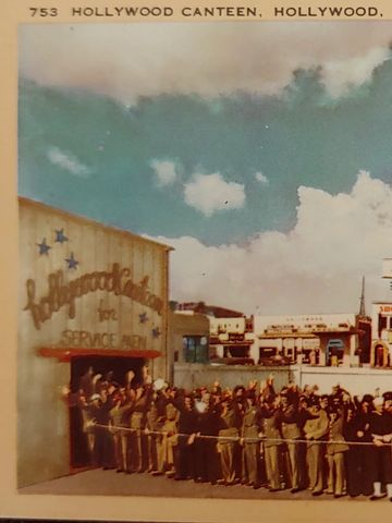 Crowd outside Hollywood Canteen in historic photo.