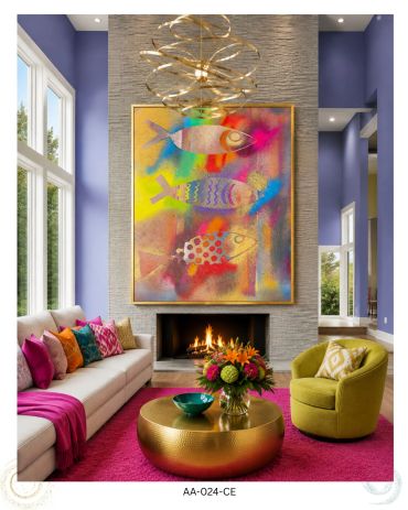 Colorful modern living room with vibrant art and decor.