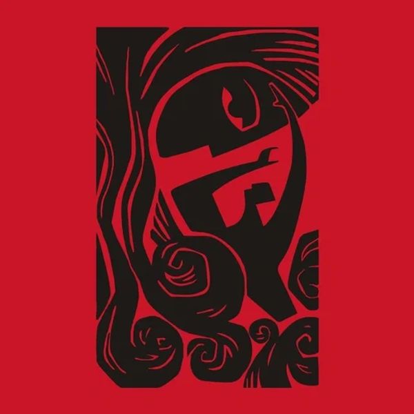 Abstract black and red artwork with swirling patterns and geometric shapes.