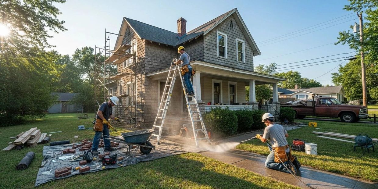 Workers renovating a house exterior with ladders and power tools.