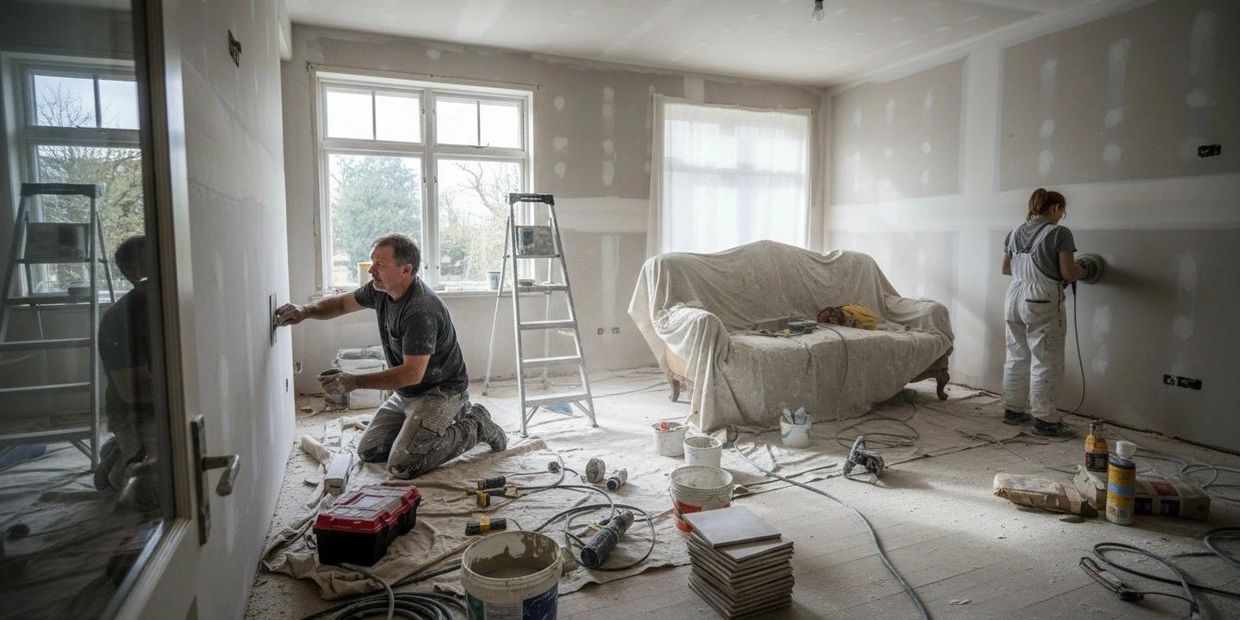 Two workers renovating a room with drywall and tools scattered around.