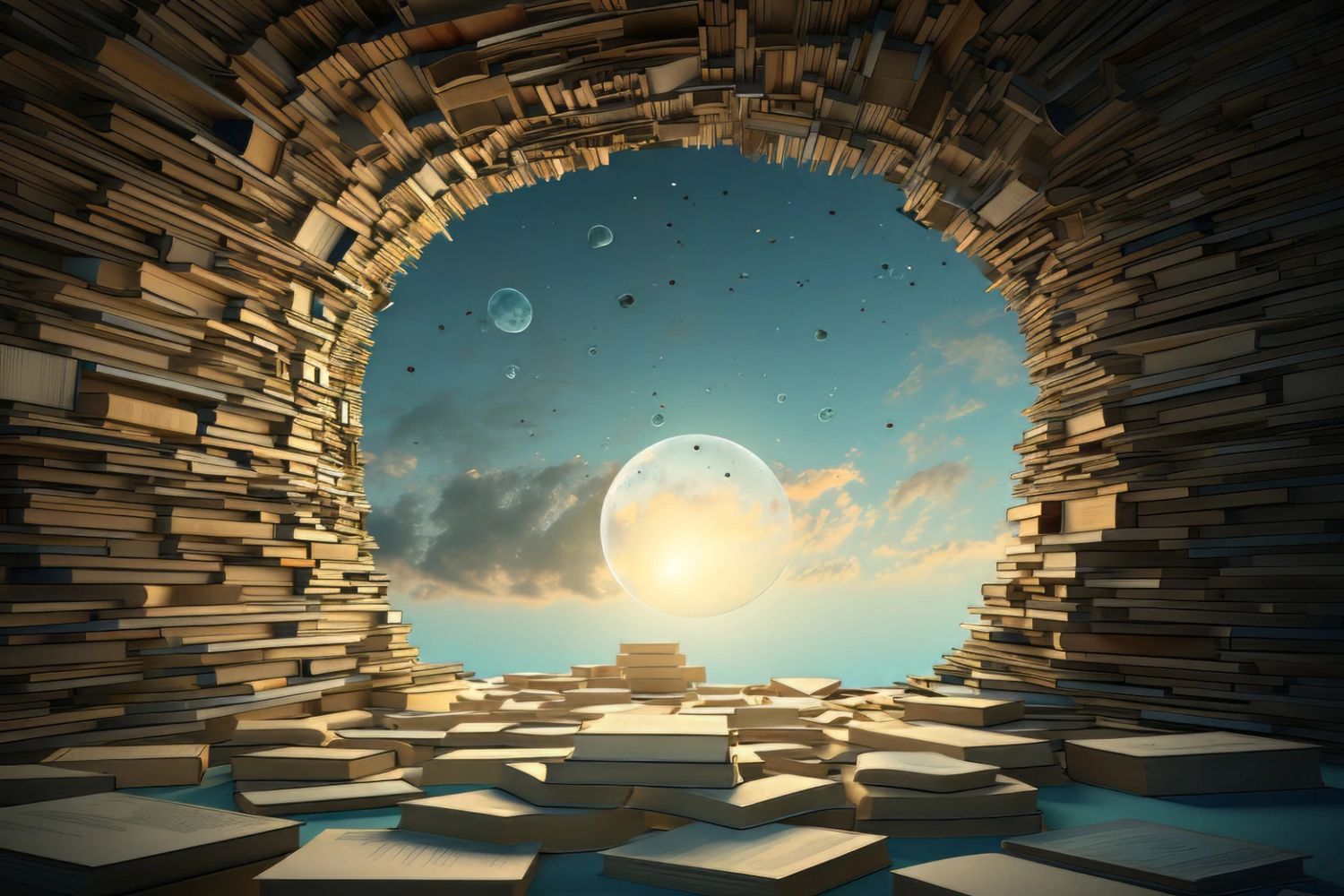 A drawn picture of many books. On the outside of the books it shows another world with several moons