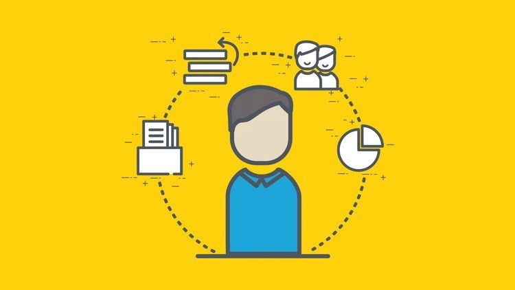 Illustration of a person surrounded by icons representing tasks and teamwork on a yellow background.