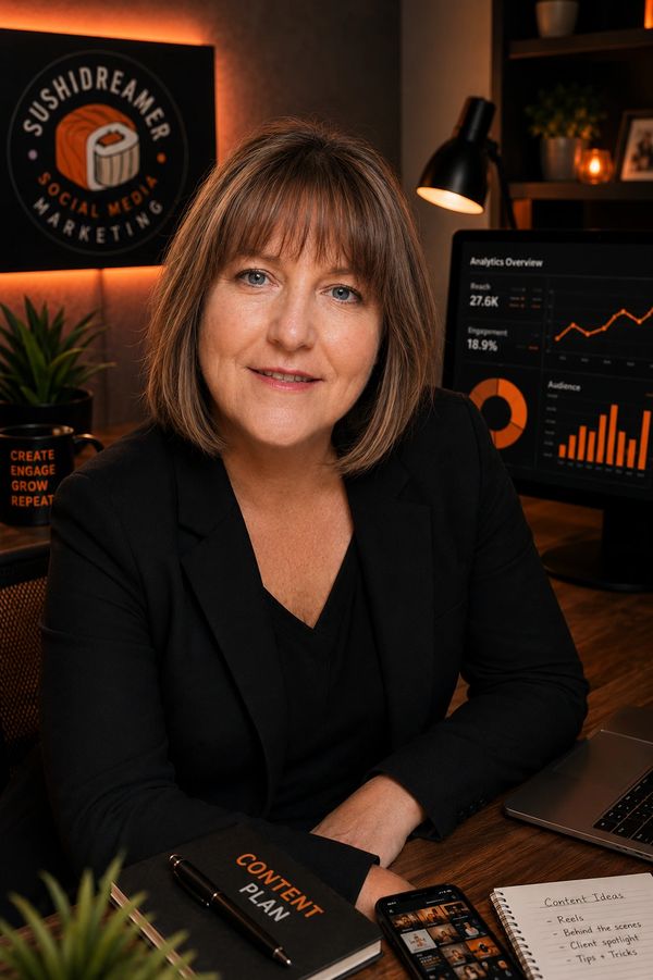 Woman in black blazer at a desk with content marketing materials.