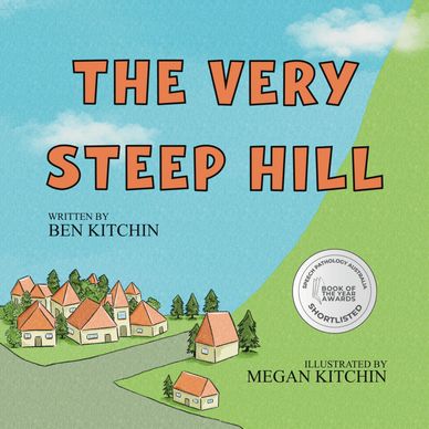 Book cover of 'The Very Steep Hill' featuring a hillside village illustration.
