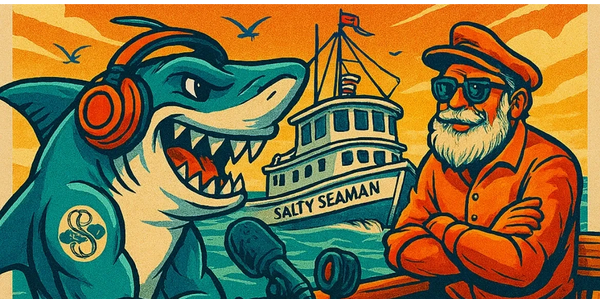 Cartoon shark podcasting with Galveston fishing captain aboard the Salty Seaman charter boat