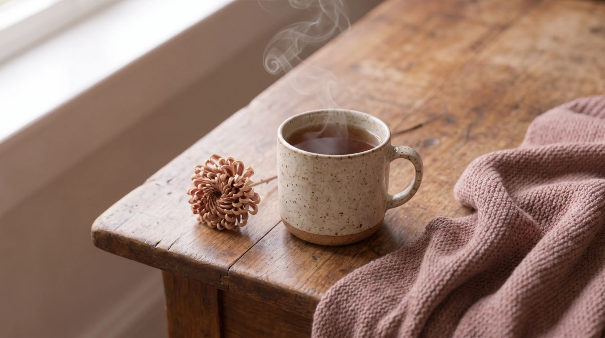 A speckled ceramic mug of tea on a worn wooden table beside a window, steam curling upward in a slow