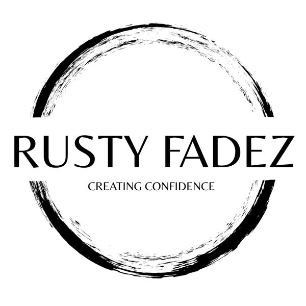 Logo of Rusty Fadez with a circular brushstroke and tagline.