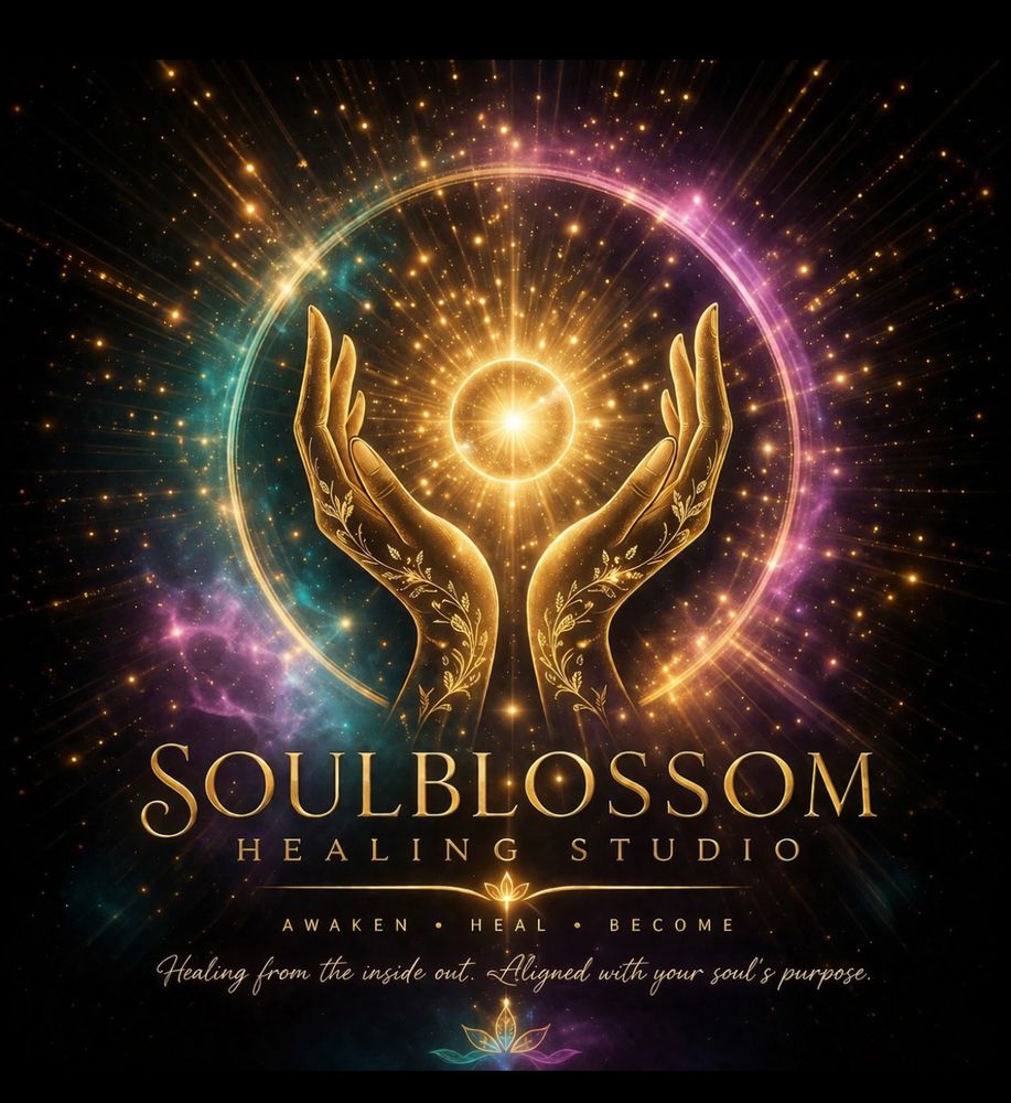 Golden hands holding a radiant light with cosmic background and text for Soulblossom Healing Studio.