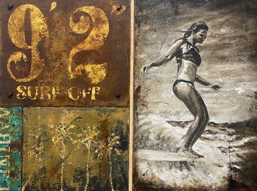 contemporary painting of a girl surfing with old signage in the painting